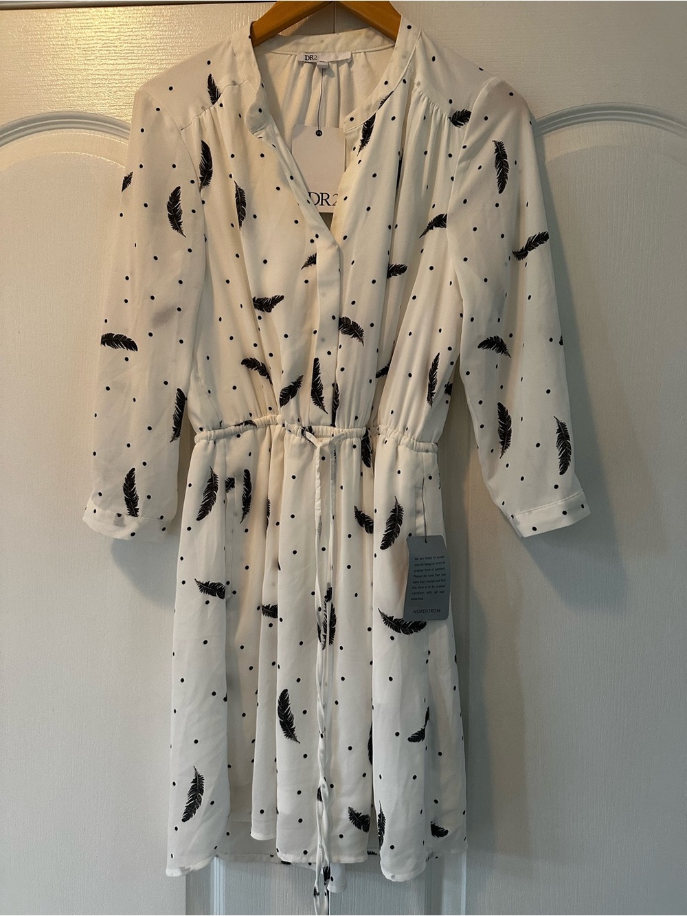 White Feather Print Dress — Lightweight Drawstring Waist Dress